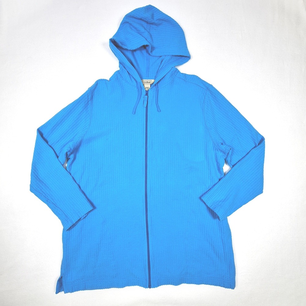 LL Bean Full Zip Hoodie Womens XL Blue Peruvian Cotton Textured